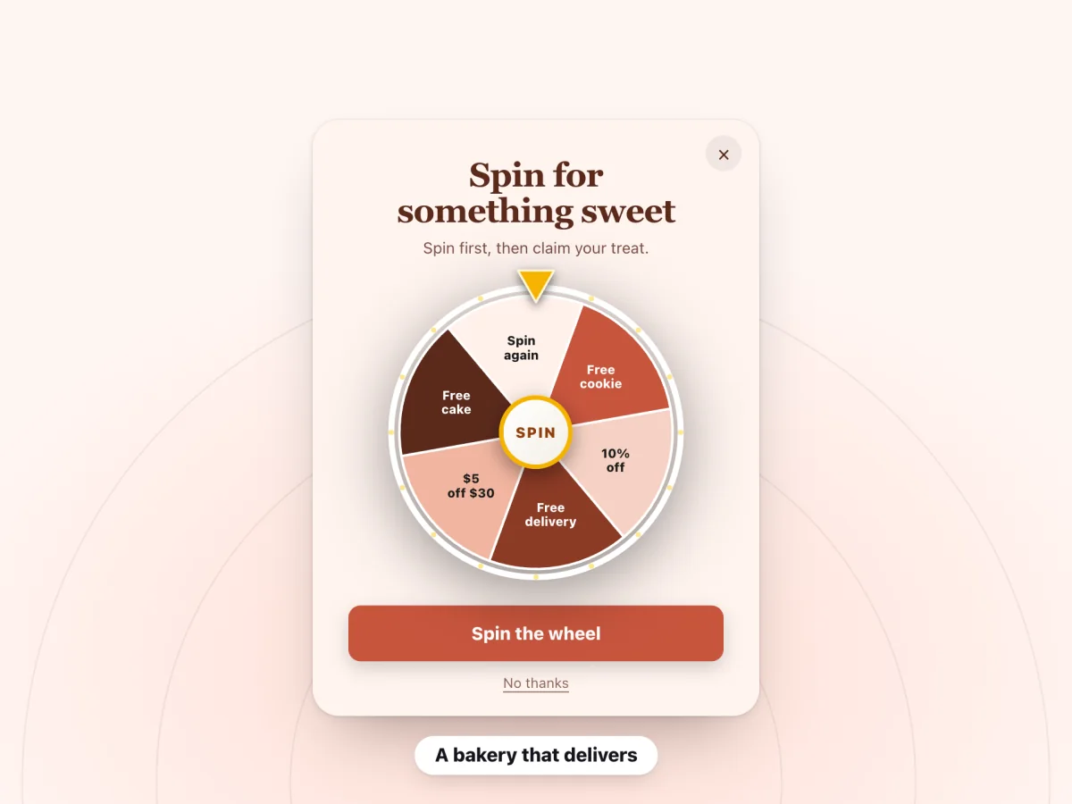 A spin-to-win pop-up for a bakery that delivers titled "Spin for something sweet"