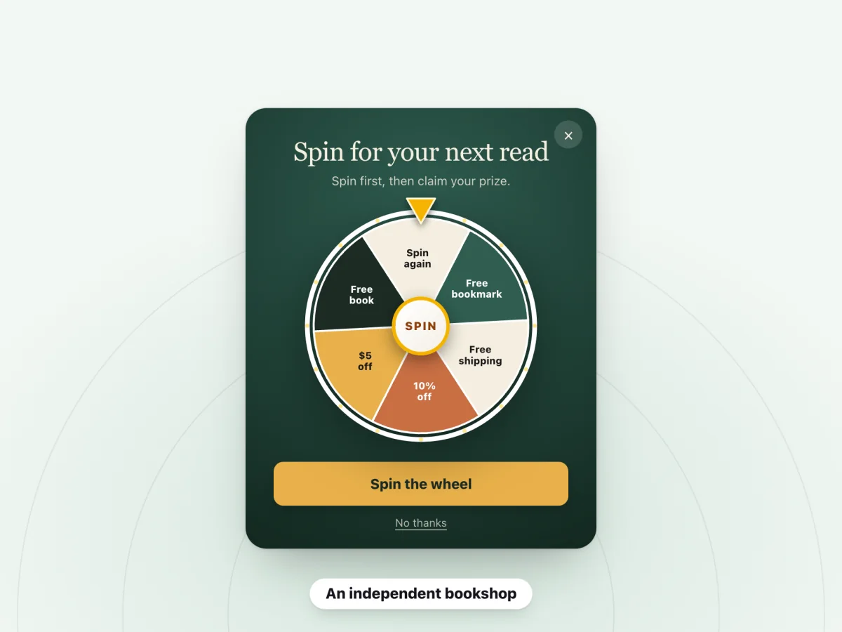 A spin-to-win pop-up for an independent bookshop titled "Spin for your next read"