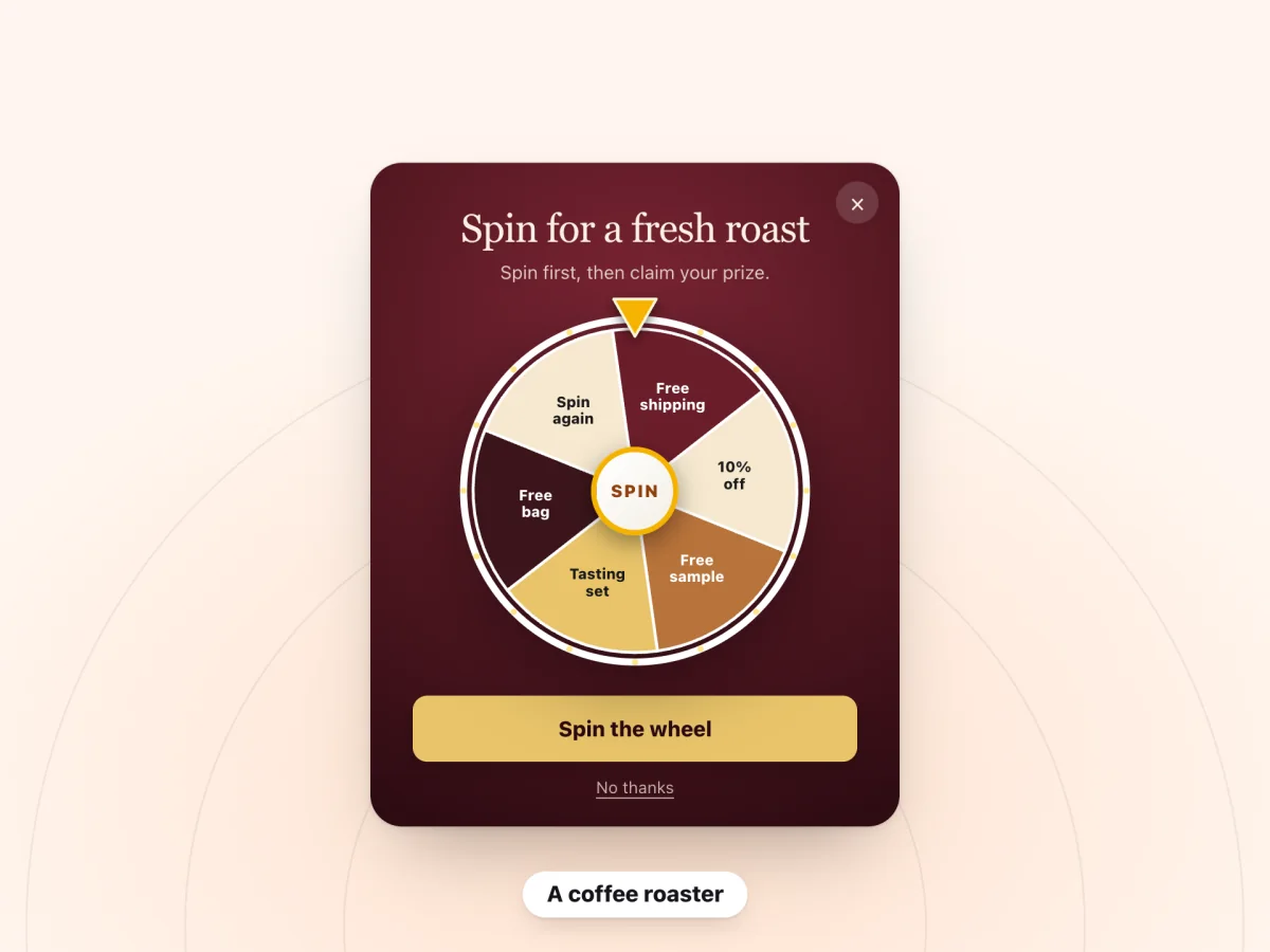 A spin-to-win pop-up for a coffee roaster titled "Spin for a fresh roast"