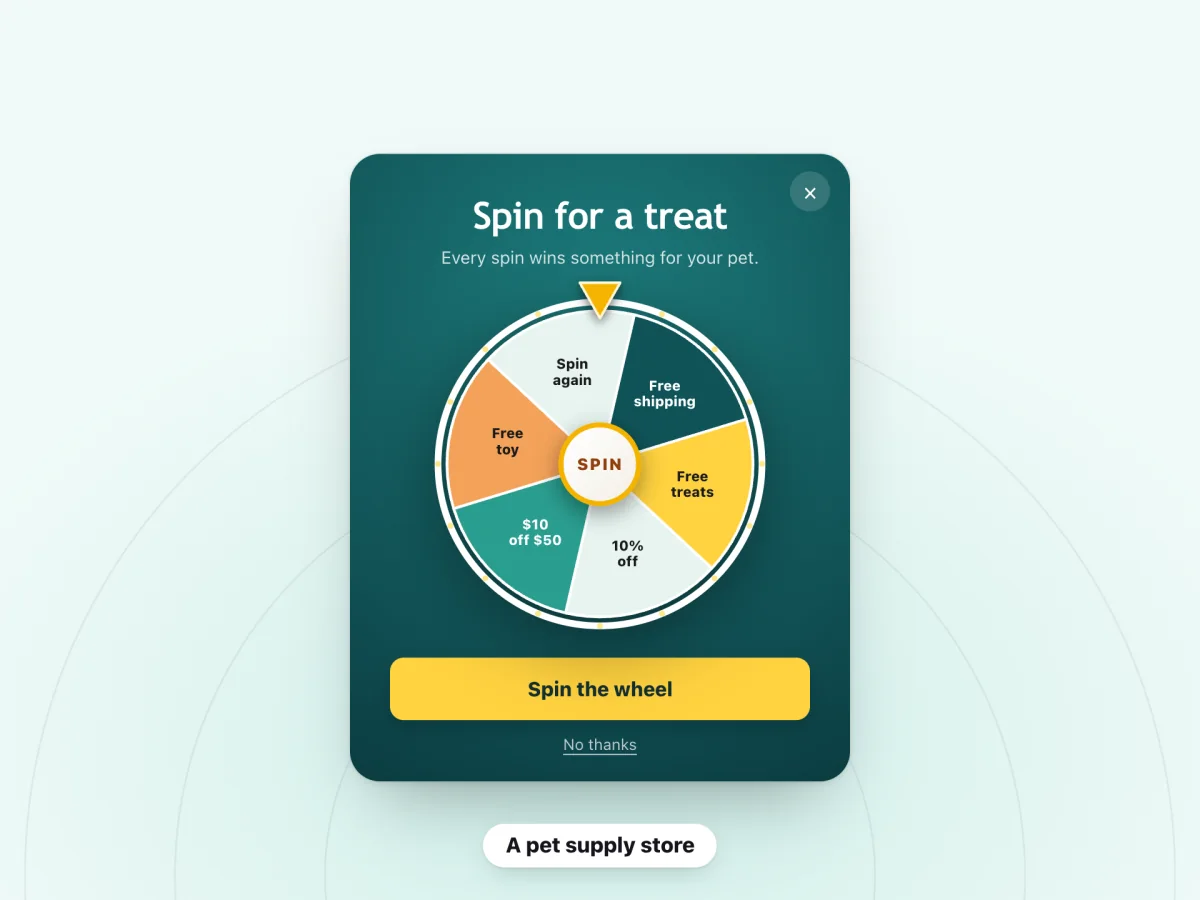 A spin-to-win pop-up for a pet supply store titled "Spin for a treat"