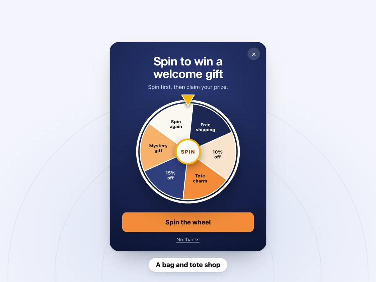 A spin-to-win pop-up for a bag and tote shop titled "Spin to win a welcome gift"