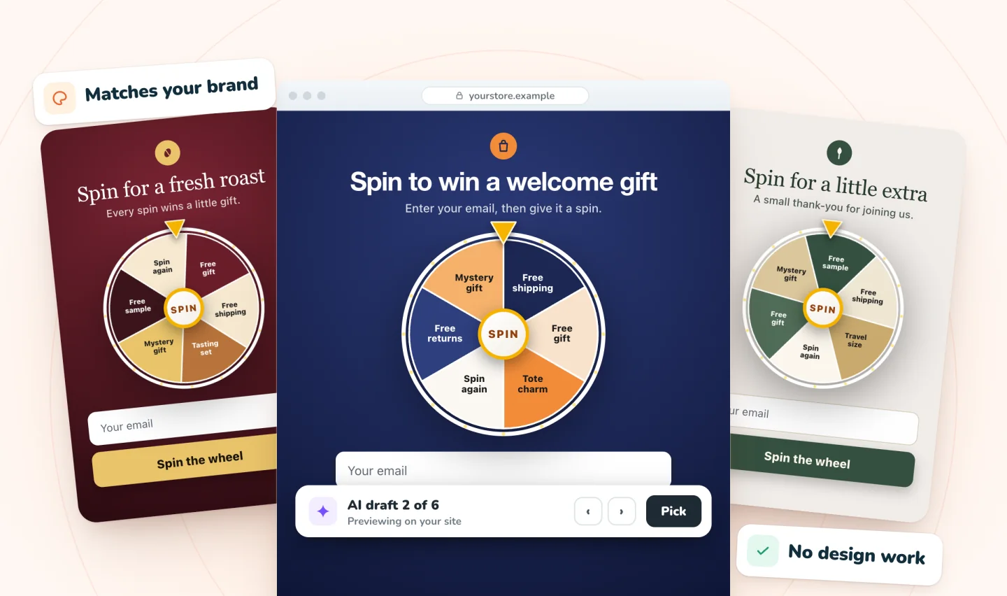 Three AI-drafted spin wheel pop-ups in different styles, the middle one previewed on a store site as AI draft 2 of 6, with arrows and a Pick button