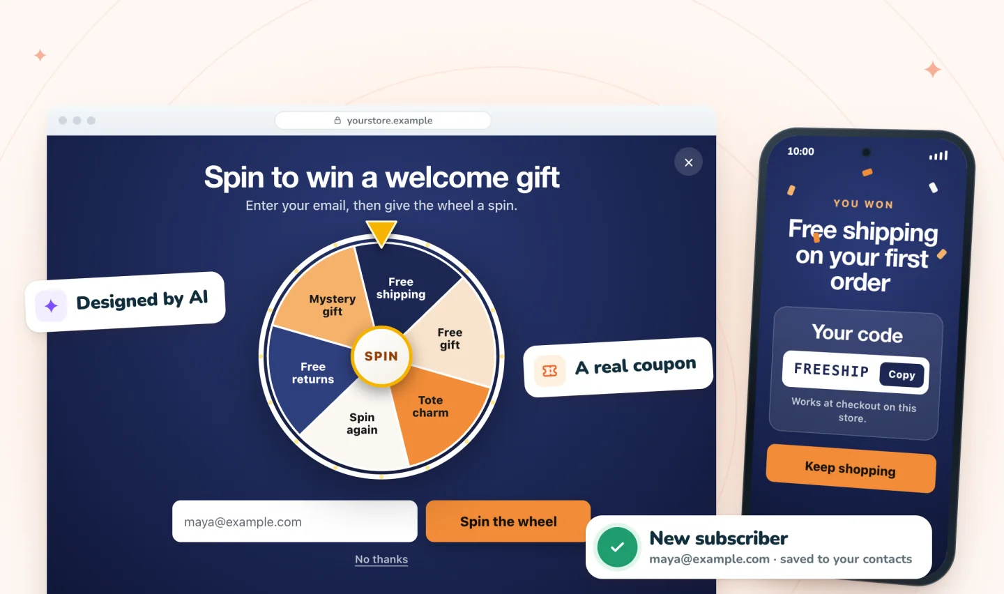 A spin-to-win pop-up on a store, with the winning code on a phone