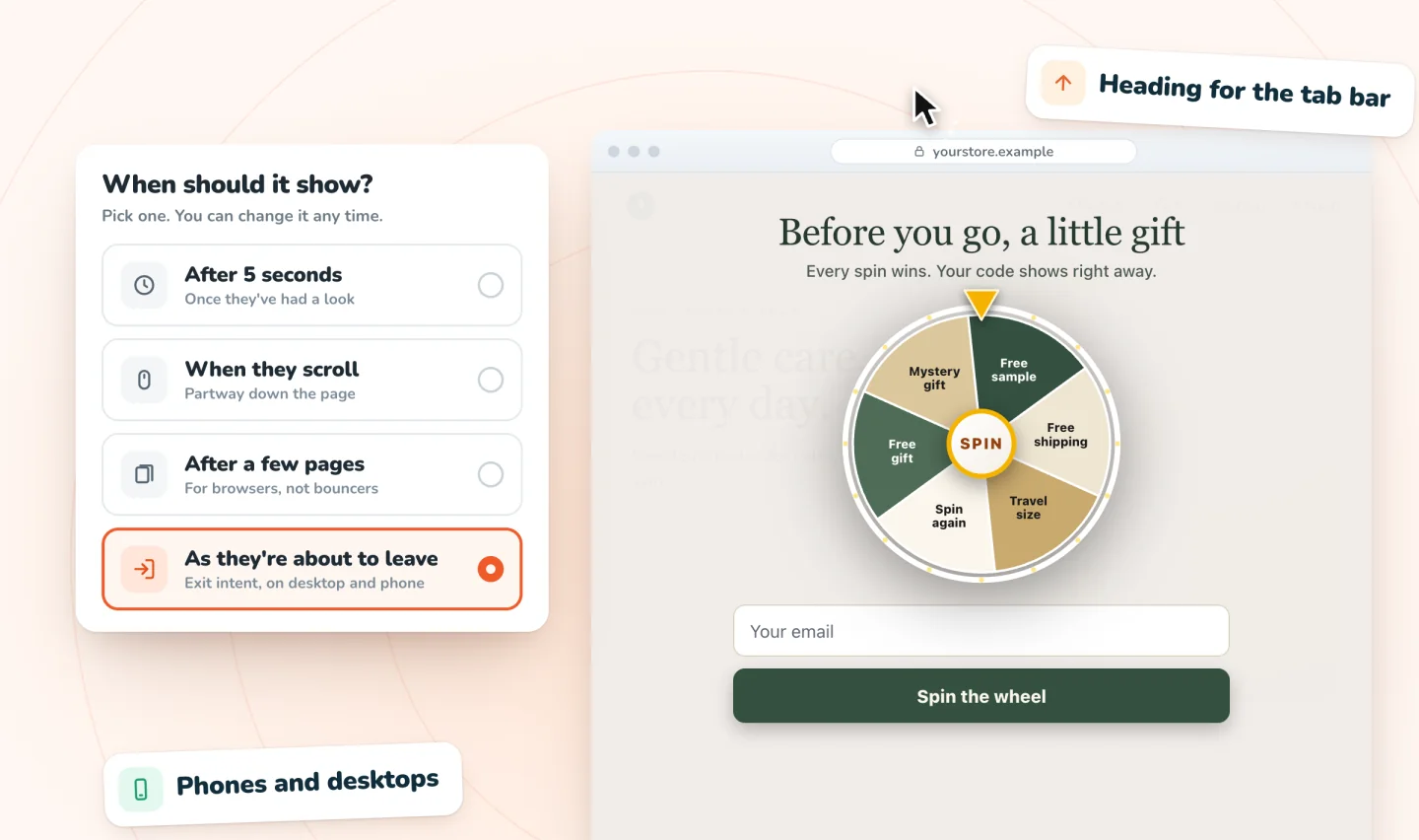 Exit-intent timing option next to a pop-up offering a gift before leaving