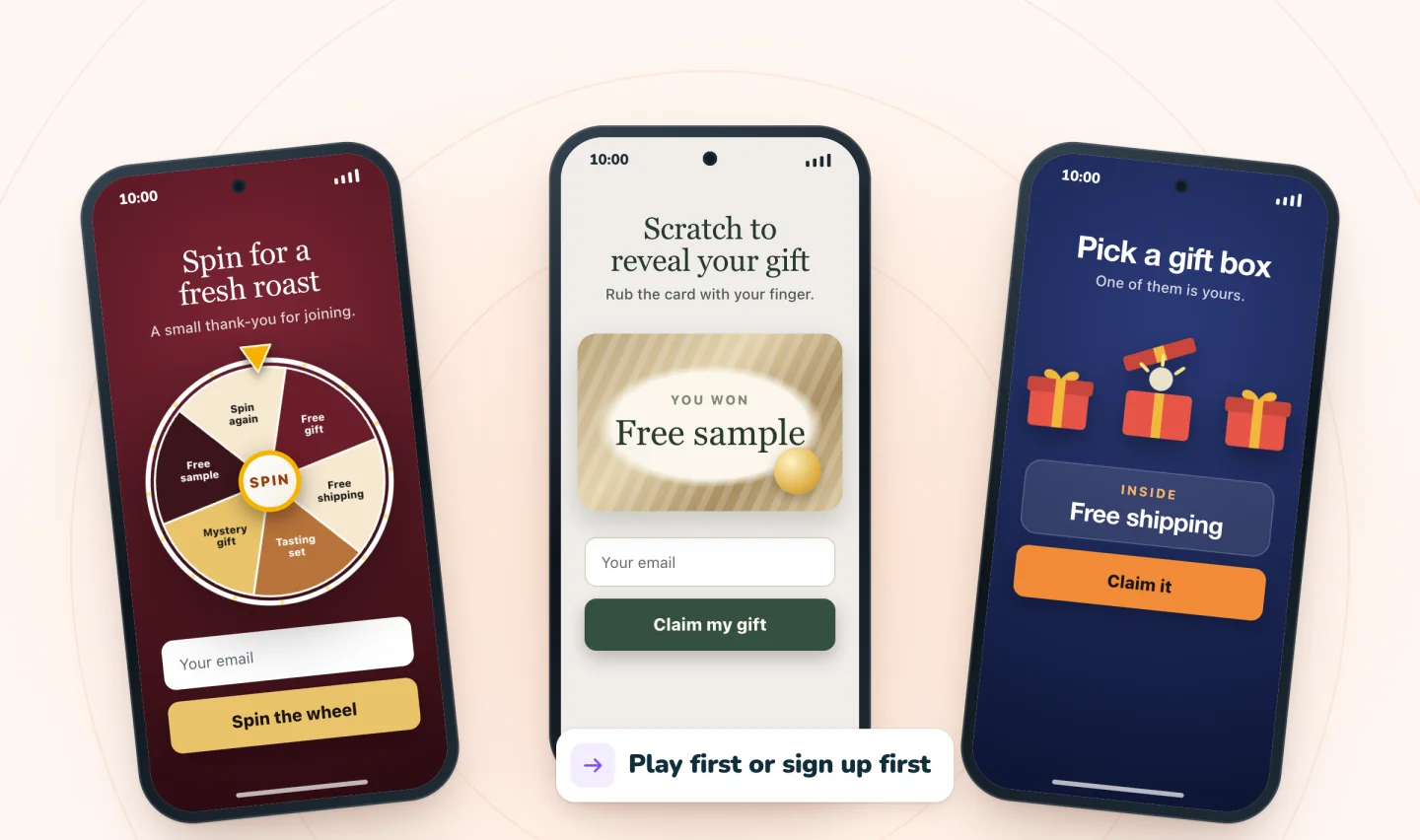 A scratch card pop-up on a phone between a spin wheel and gift boxes